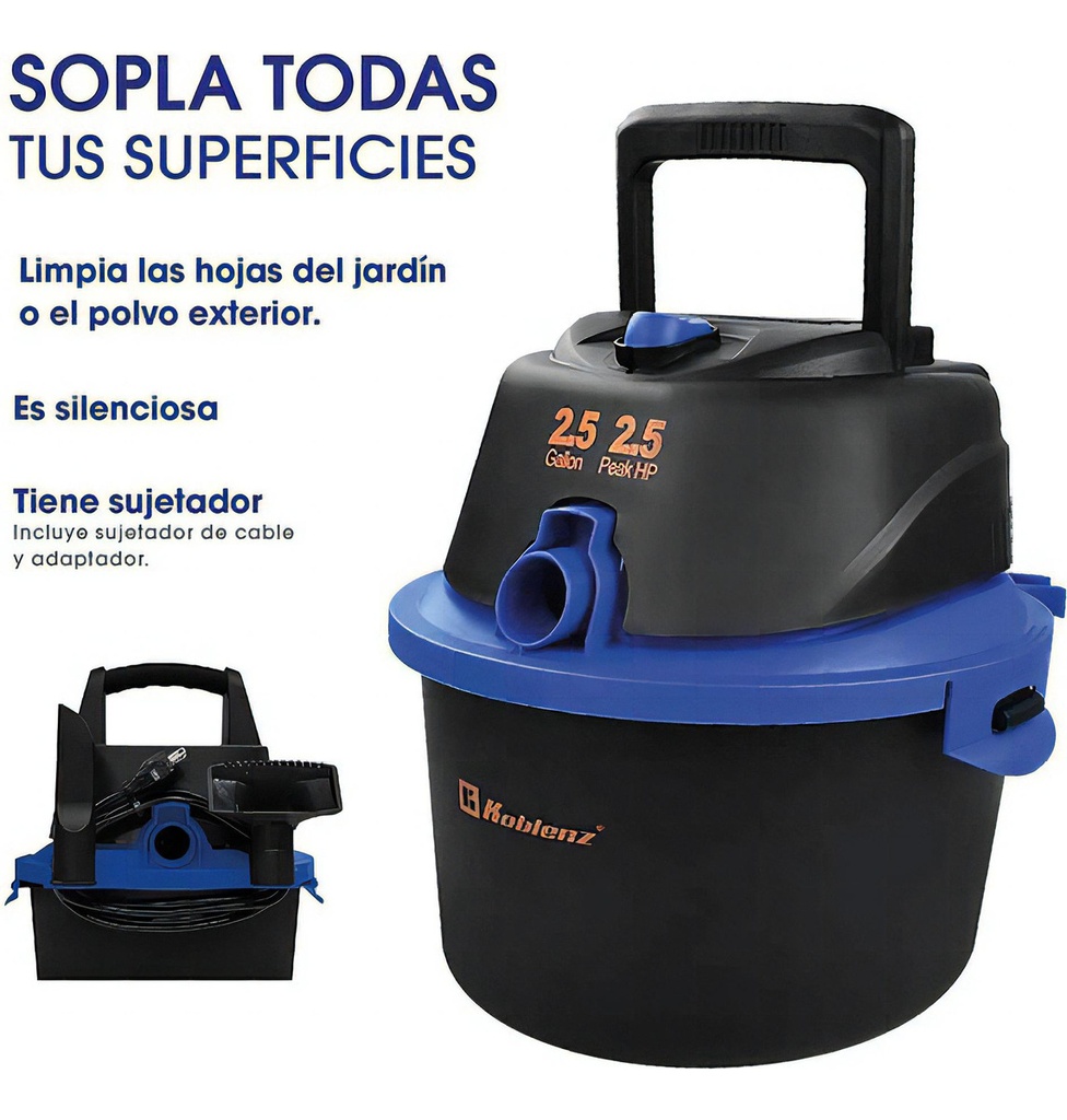 Aspiradora Koblenz Seco-mojado Wd-2.5 Ma Función 3 En 1 Aspira Líquidos Y Expulsa Aire 2.5 Hp 2.5 Gal Para Autos Camionetas Y Hogares 110v Color Negro