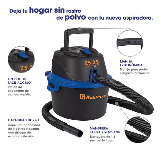Aspiradora Koblenz Seco-mojado Wd-2.5 Ma Función 3 En 1 Aspira Líquidos Y Expulsa Aire 2.5 Hp 2.5 Gal Para Autos Camionetas Y Hogares 110v Color Negro