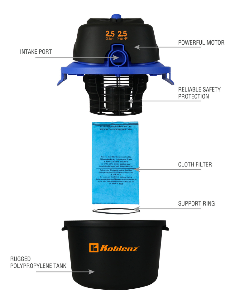 Aspiradora Koblenz Seco-mojado Wd-2.5 Ma Función 3 En 1 Aspira Líquidos Y Expulsa Aire 2.5 Hp 2.5 Gal Para Autos Camionetas Y Hogares 110v Color Negro
