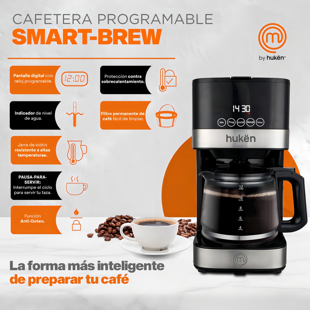 Cafetera 12 Tazas Programable Masterchef Smart-brew Masterchef By Hukën