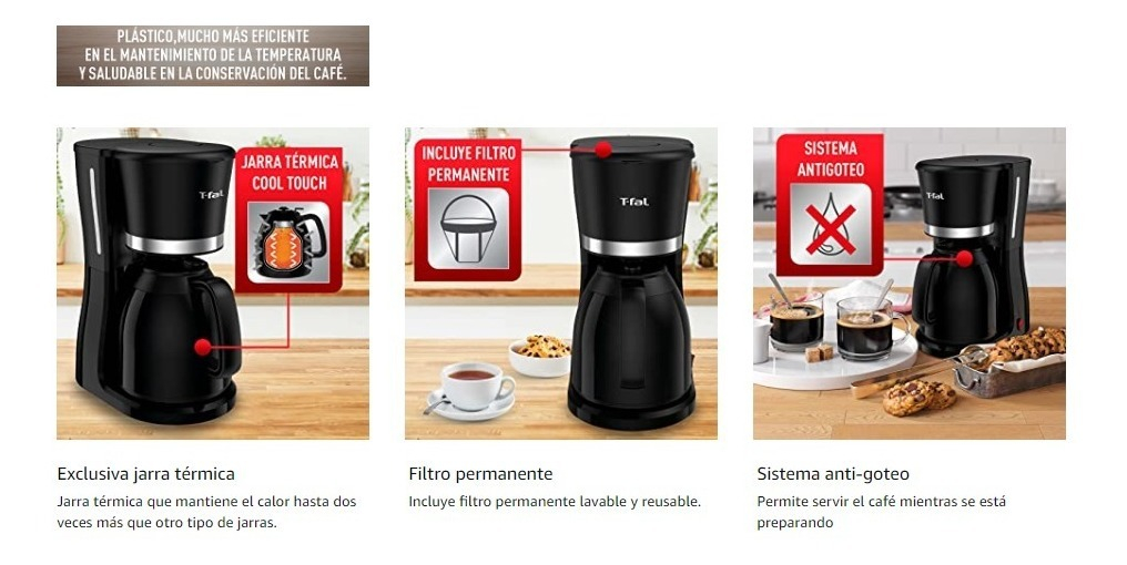 Cafetera De Filtro Permanente Cool Touch Negra, 10 Tazas, Con Jarra Térmica, T-fal Cm133852