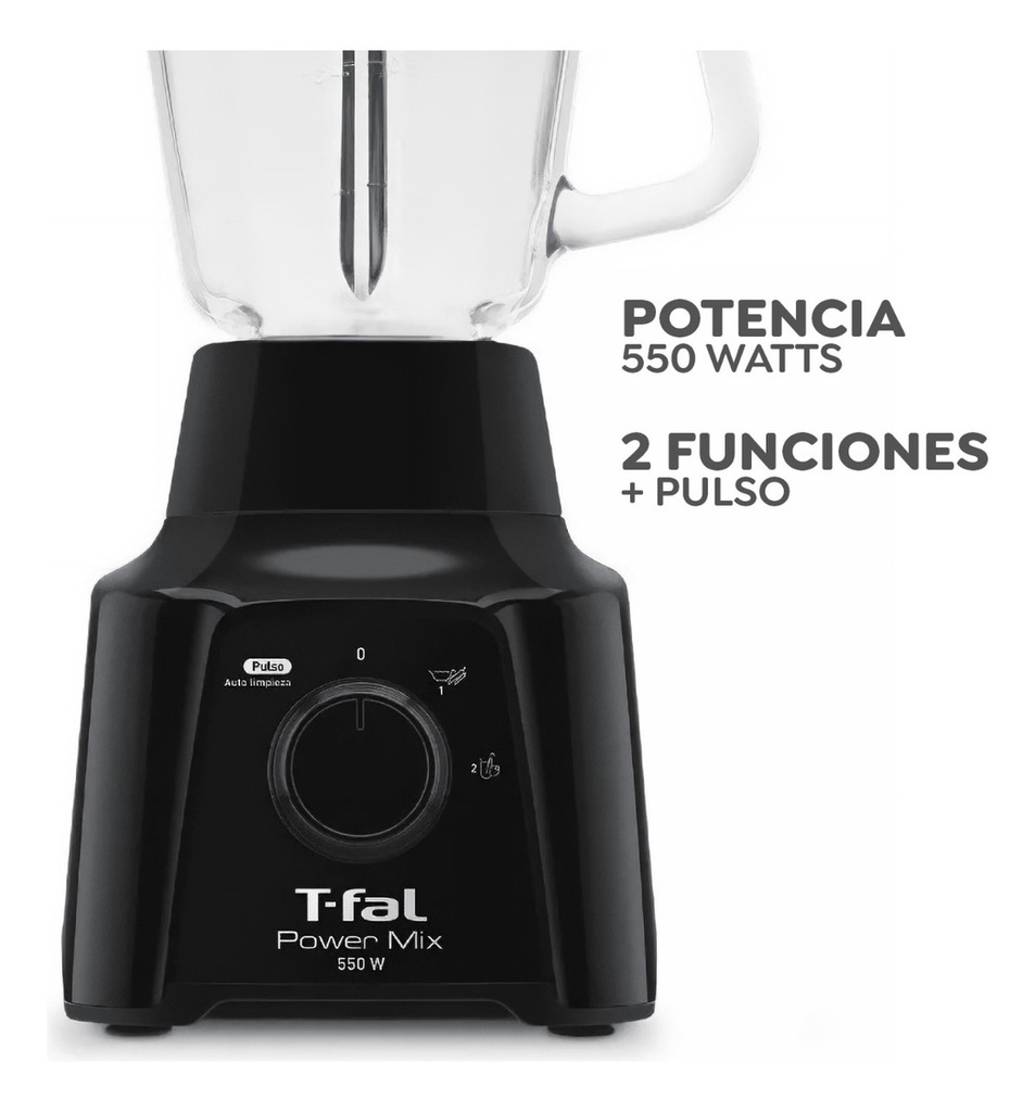 Licuadora De 2 Velocidades Powermix Negra Con Vaso De Vidrio De 1.25 L, 550 W,t-fal Ln2838mx