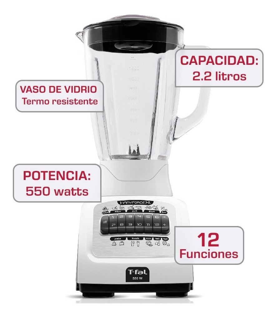 Licuadora Infinyforce Xl Blanca, 12 Velocidades Con Vaso De Vidrio De 2.2l, 550 W, T-fal Ln8221mx