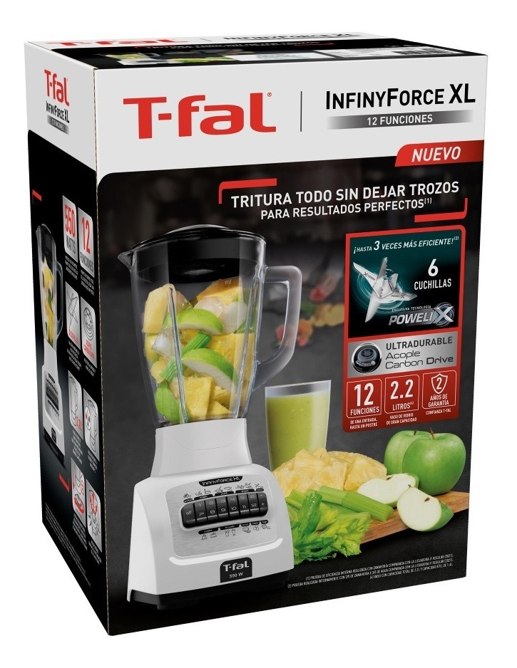 Licuadora Infinyforce Xl Blanca, 12 Velocidades Con Vaso De Vidrio De 2.2l, 550 W, T-fal Ln8221mx