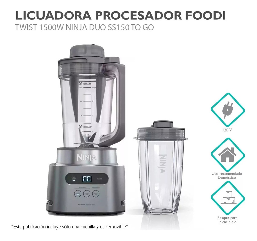 Licuadora Ninja Twisti Duo Ss150 De Alta Velocidad, 34 Fl Oz, 120v, Plateada