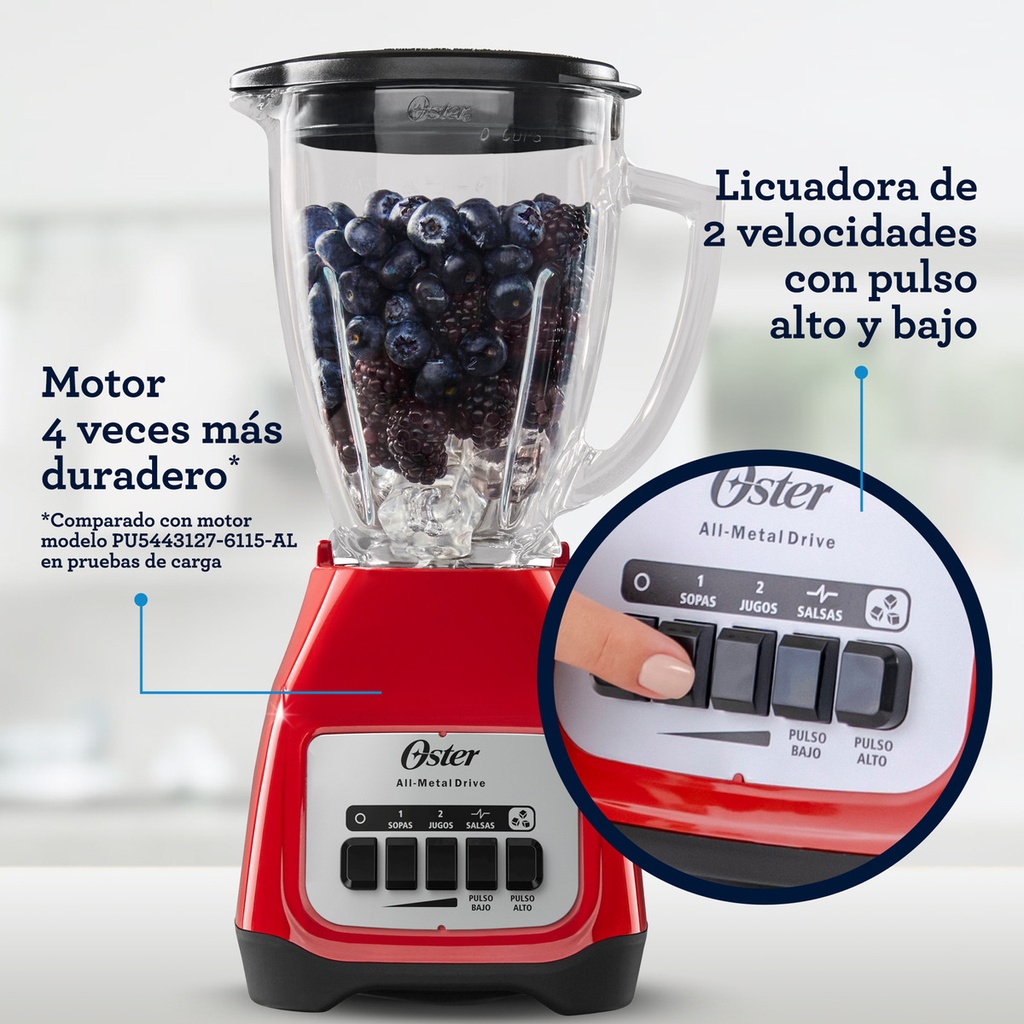 Oster Licuadora De 2 Velocidades Más Pulso Con Vaso De Vidrio Boroclass De 1.5 L 800 W Color Rojo Blstkag-rpb