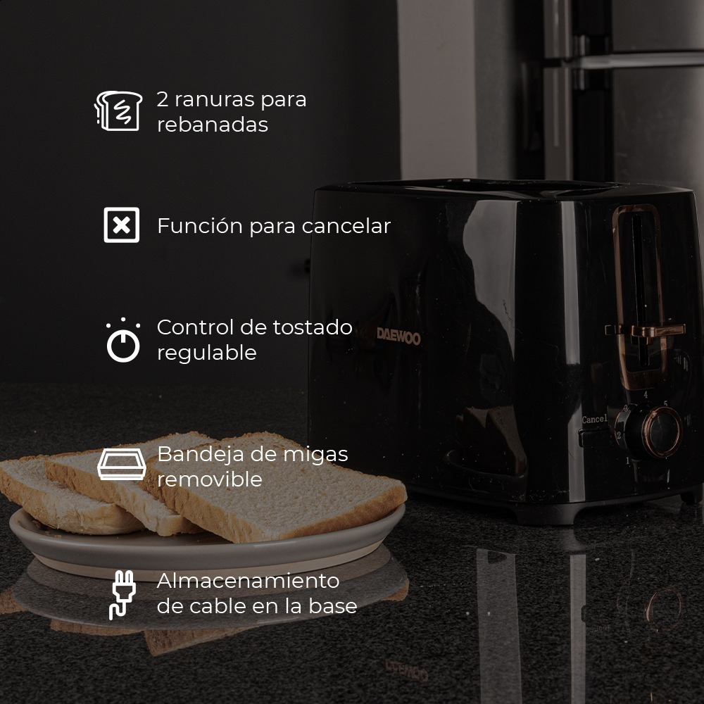 Tostador De Pan Y Bagel 2 Rebanadas 7 Niveles 700w Daewoo Color Negro