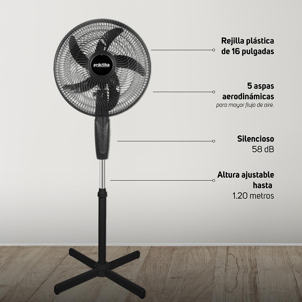 Ventilador De Pedestal Practika 16 Pulgadas, 2 Velocidades Color De La Estructura Negro
